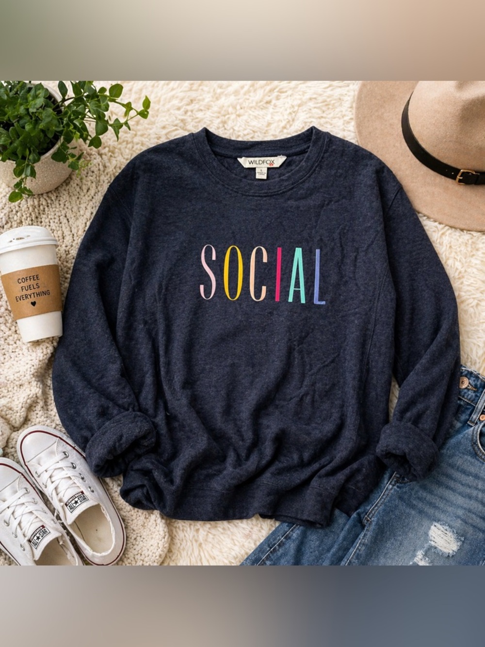 Wildfox Social Graphic Sweatshirt Navy Pullover Crewneck Cozy Top Large